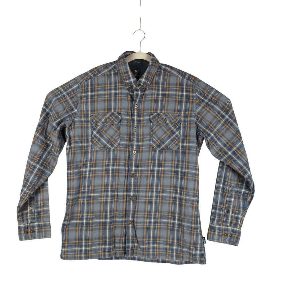 Kuhl Blue Gray Tartan Plaid Button Shirt Medium Long Sleeve Outdoor Hiking
